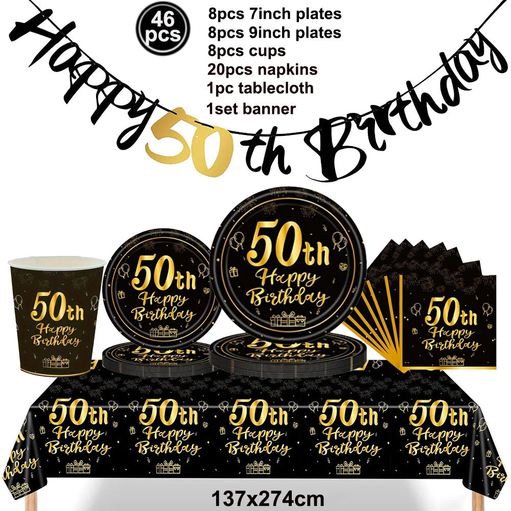 50th Birthday Party Supplies for Men Women Black and Gold 50 Years Old Party Paper Plates Cups Napkin Tablecloth Tableware Decor Good Vibrations