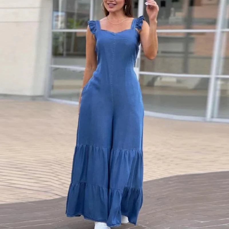 Women Solid Imitation Denim Jumpsuits Spring V Neck High Waist Straight Playsuits Summer Backless Wide Leg Pleated Pants Rompers - Good Vibrations