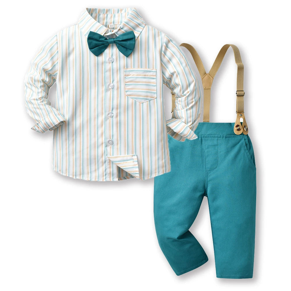 Top and Top Boys Clothing Sets Springs Autumn New Kids Boys Long Sleeve Plaid Bowtie Tops+Suspender Pants Casual Clothes Outfit Good Vibrations