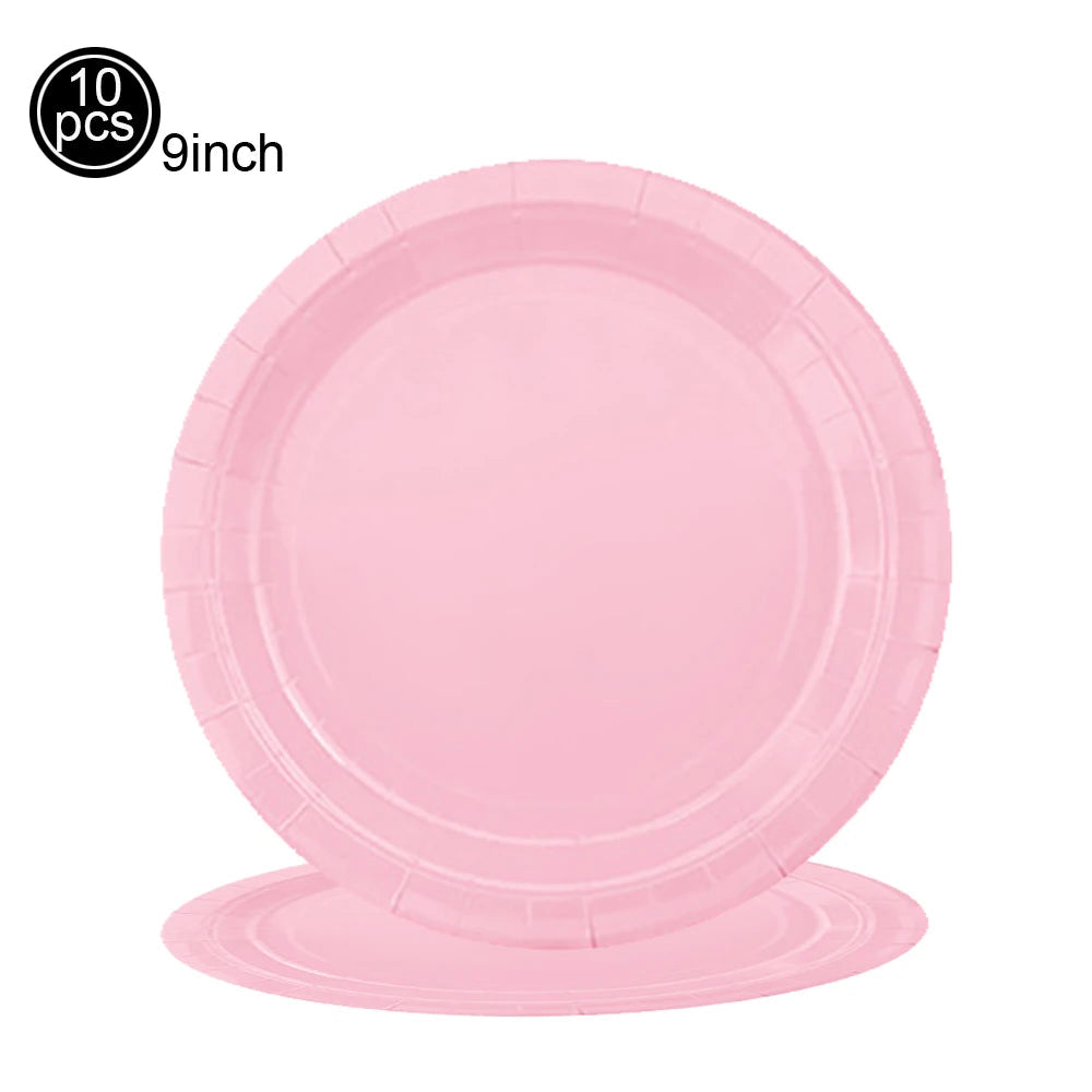 Pink Party Disposable Tableware Solid Color Party Pink Plates Cup Tablecloth Birthday Wedding Baby Shower Picnic Party Supplies Good Vibrations