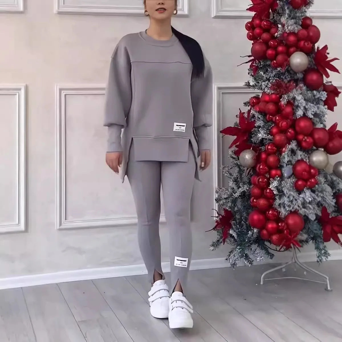 2pcs Women Sport Suit Hoodie Sweatshirt Winter Loose Irregular Top + Leggings Pant Casual Jogger Outfit  Sports Two-piece Set Good Vibrations
