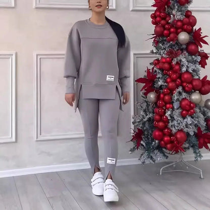 2pcs Women Sport Suit Hoodie Sweatshirt Winter Loose Irregular Top + Leggings Pant Casual Jogger Outfit  Sports Two-piece Set Good Vibrations