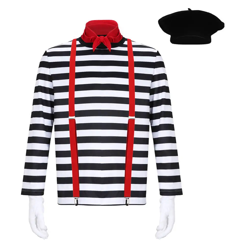 Men's French Mime Artist Costume Tops Cosplay Clown Halloween Party Outfits Fancy Dress Good Vibrations