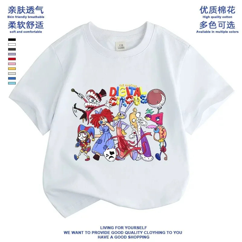2026 Pure cotton boys and girls' short-sleeved T-shirt summer children's clothing cartoon magic digital circus children's top Good Vibrations
