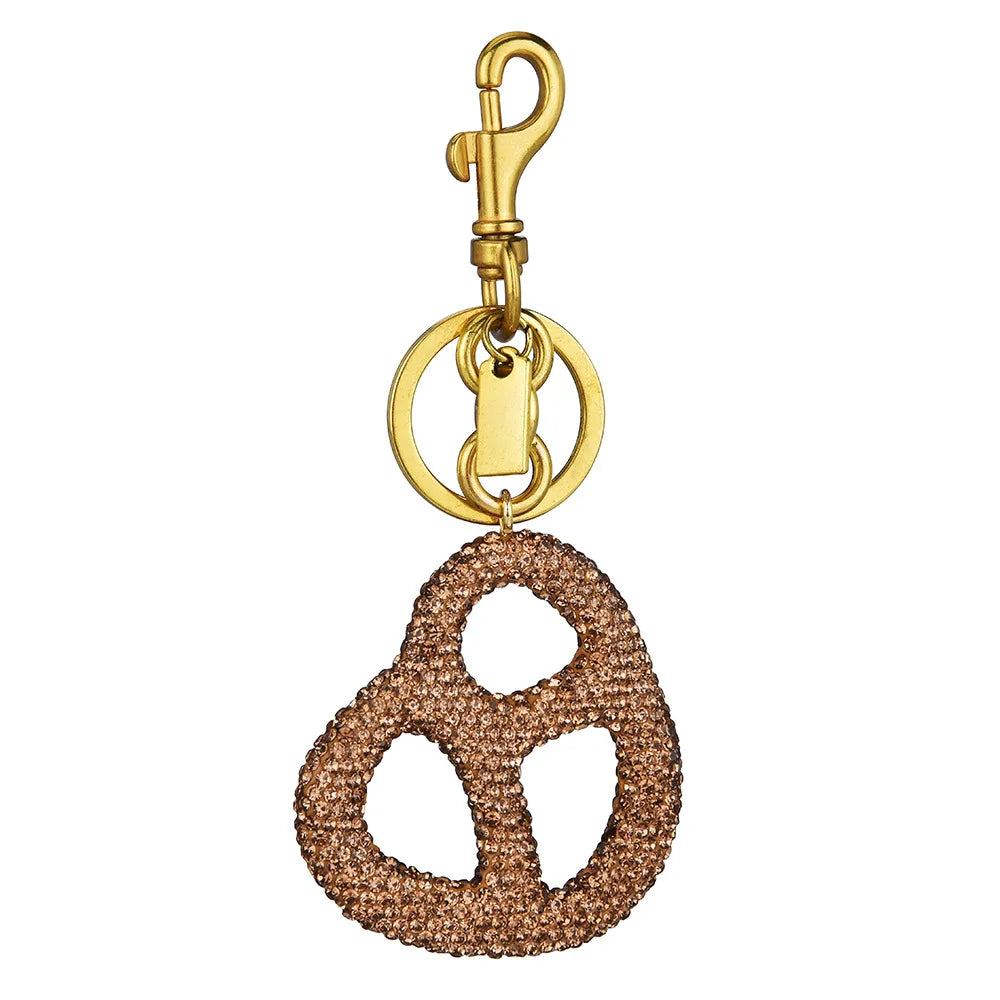 Rhinestone Pretzel Bag Charm Keychain Crystal Gold Hardware Sparkly Purse Pendant Accessory Cute Funny Foodie Gifts For Friends Good Vibrations