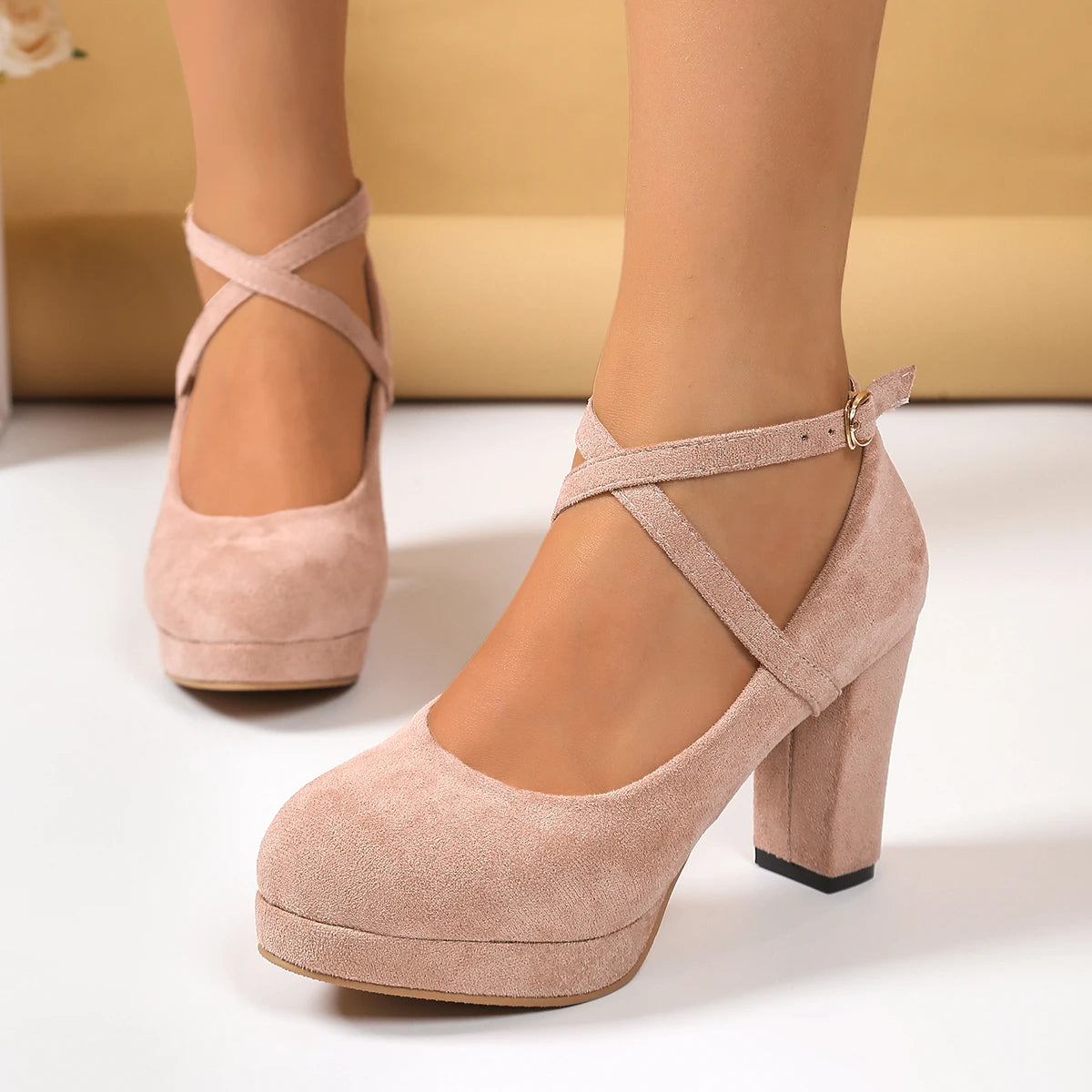 Women Shoes on Heels Women Platform Pumps Spring Summer Shallow Cross Strap Buckle Shoes Round Toe Shoes for Women High Heels Good Vibrations