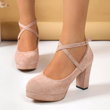 Women Shoes on Heels Women Platform Pumps Spring Summer Shallow Cross Strap Buckle Shoes Round Toe Shoes for Women High Heels Good Vibrations