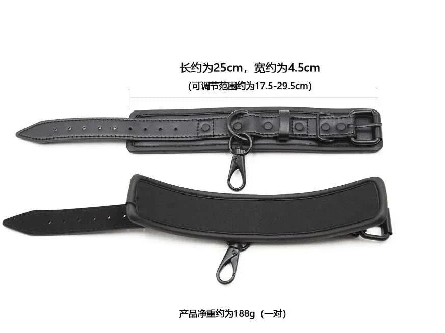 SM erotic leather handcuffs and footcuffs for bondage binding.