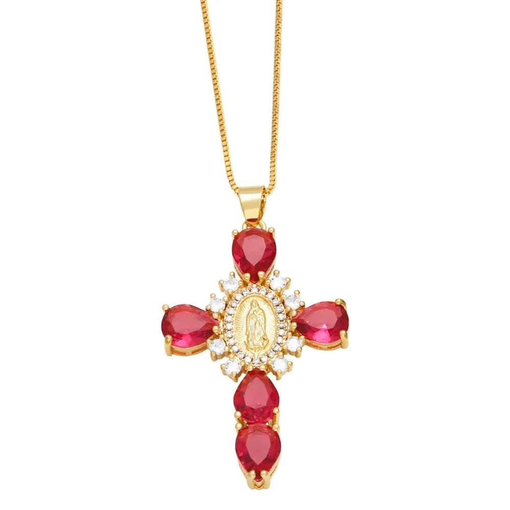 Retro European Style Zircon Cross Necklace Gilded Luxury Crystal Crucifix Necklace Religious Catholic Crucifix Pendant Chain Good Vibrations