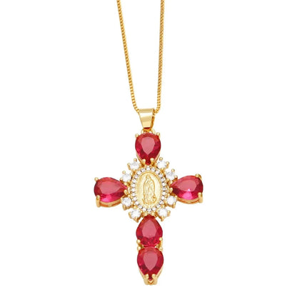 Retro European Style Zircon Cross Necklace Gilded Luxury Crystal Crucifix Necklace Religious Catholic Crucifix Pendant Chain Good Vibrations