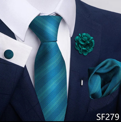 Luxury Mens Ties Floral Black Gold Ties Paisley NeckTie Pocket Square Cufflinks Brooch Set Men's Wedding Party Tie Good Vibrations