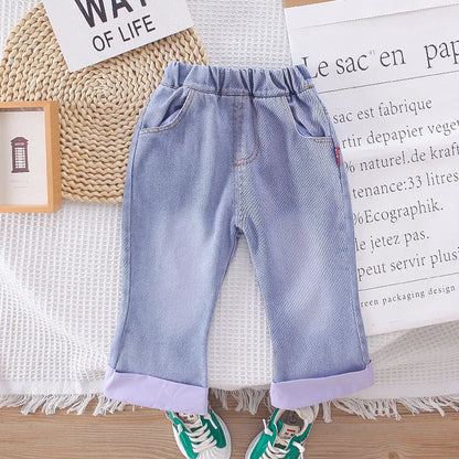2025 Spring New Girls Clothing Set 1-5Y Girls Suit Solid Shirt Matched Bow Knit Vest And Blue Jeans 3 PCs Girls Suit Good Vibrations