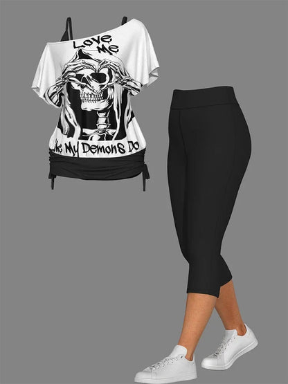 Women Plus Size Two Piece Suit Set Gothic Love Me Letter Skull Fashion One Shoulder Casual Print Set Top and Shorts Outfit 2025 Good Vibrations