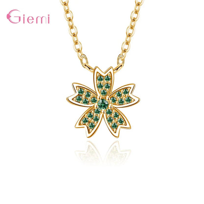 Charm 925 Sterling Silver Jewelry Sets Shiny Cherry Blossoms Cubic Zircon Necklace Earrings Bracelet for Women Girls Party Gift Good Vibrations