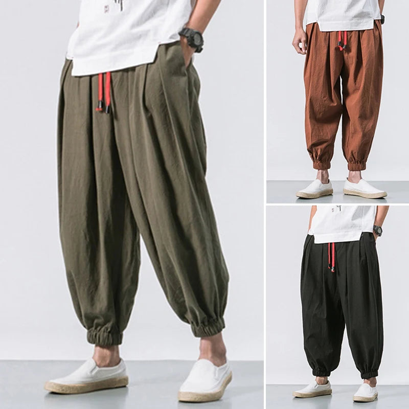 Cotton Linen Harem Pants Men Solid Elastic Waist Streetwear Joggers 2023 New Baggy Drop-crotch Pants Casual Trousers Men Good Vibrations