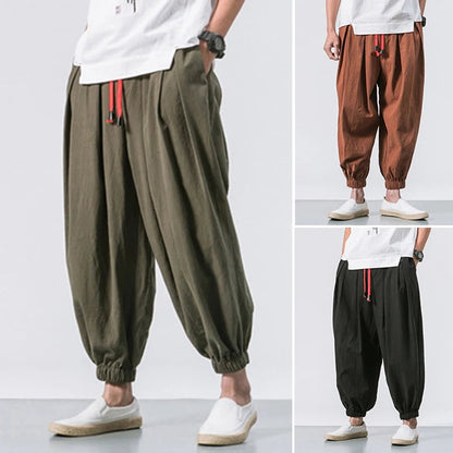 Cotton Linen Harem Pants Men Solid Elastic Waist Streetwear Joggers 2023 New Baggy Drop-crotch Pants Casual Trousers Men Good Vibrations