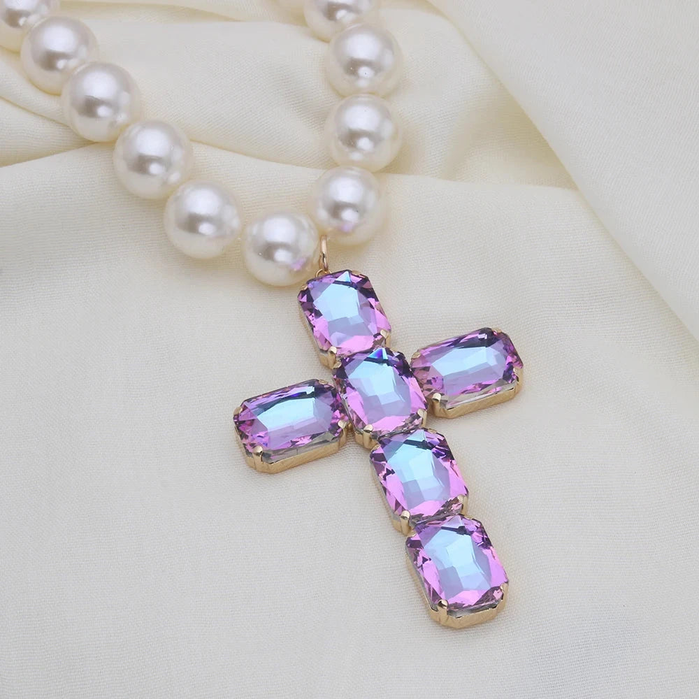 Fashionable and exaggerated large glass cross necklace pendant, luxurious Christmas gift jewelry Good Vibrations