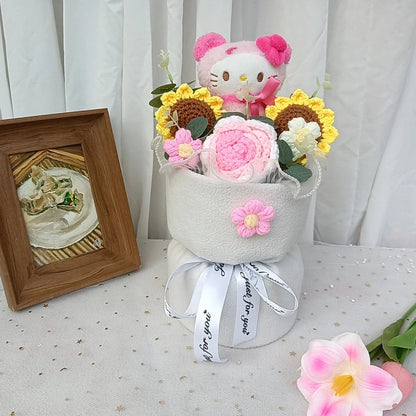 Hug bucket Hello Kitty Kuromi Cinnamoroll Plush bouquet  Handmade Knitting Sunflower Rose Flower Valentine's Day Birthday Gift Good Vibrations