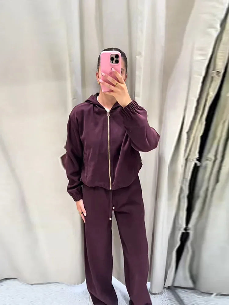 Casual Solid Hoodie Pants Set Women Zippers Loose Full Sleeve Coats Long Wide Leg Pant Sets Female 2025 Autumn New Lady Outfits Good Vibrations