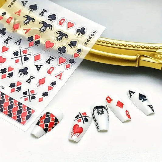 Poker Playing Card Nail Art Stickers 5D Embossed Nail Decoration DIY for Manicure Poker Suit Design Decals Self-Adhesive Supply Good Vibrations