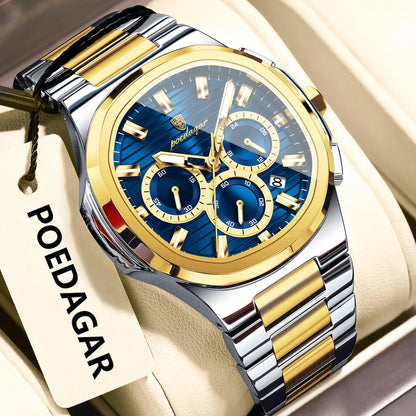 POEDAGAR Business Man Wristwatch Date Chronograph Waterproof Luminous Luxury Men Watch Stainless Steel Quartz Men's Watches Male Good Vibrations