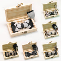 Wedding Bow Tie for Men handmade feather bow tie black white Pre-tied bowtie  brooch wooden box Set for Party birthday Gift Good Vibrations