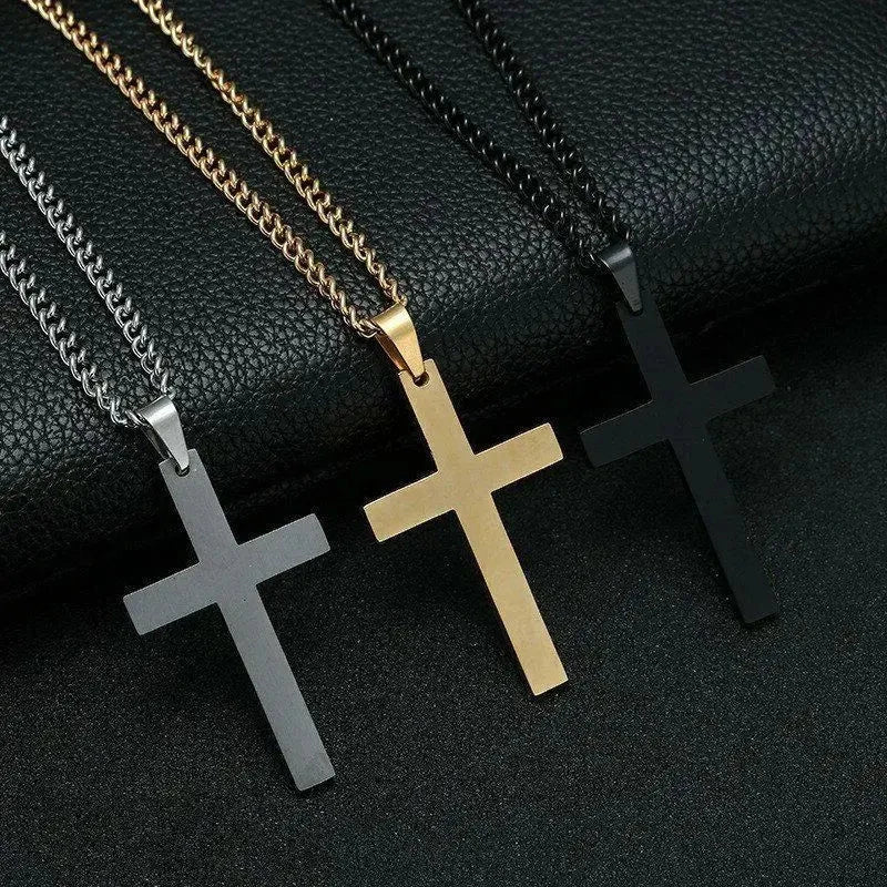 Fashion Stainless Steel Cross Pendant Necklace For Women Men Link Chain Charm Necklace Cool Boys Girls Punk Hip Hop Jewelry Gift Good Vibrations