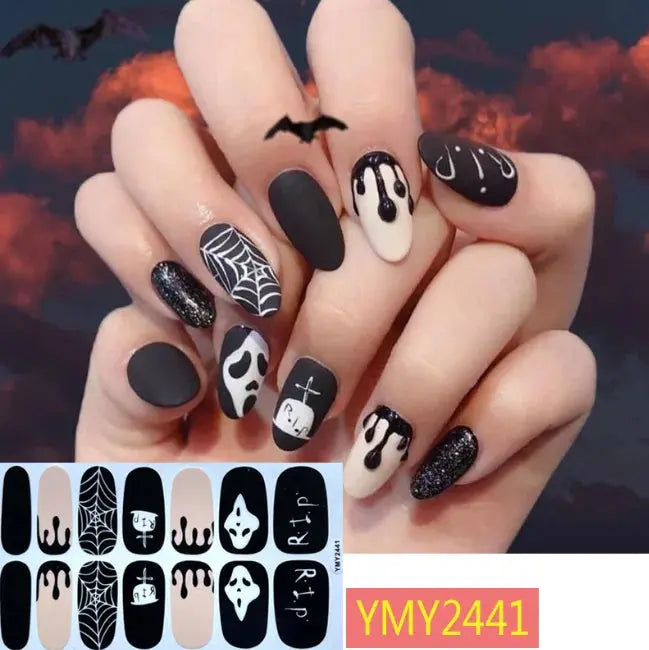 Halloween Nail Stickers Full Cover Adhesive  Nail Polish Wraps Blood Pumpkin Ghost Nail Decals DIY Festival Nail Patch Decors Good Vibrations