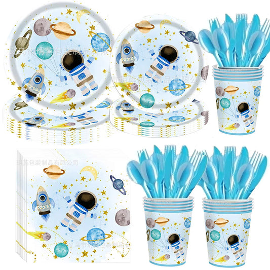 Blue Galaxy Space Disposable Plates Napkins Cups Outer Space Theme Party Tableware for Boys Astronaut Theme Birthday Decorations Good Vibrations