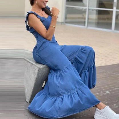 Women Solid Imitation Denim Jumpsuits Spring V Neck High Waist Straight Playsuits Summer Backless Wide Leg Pleated Pants Rompers Good Vibrations