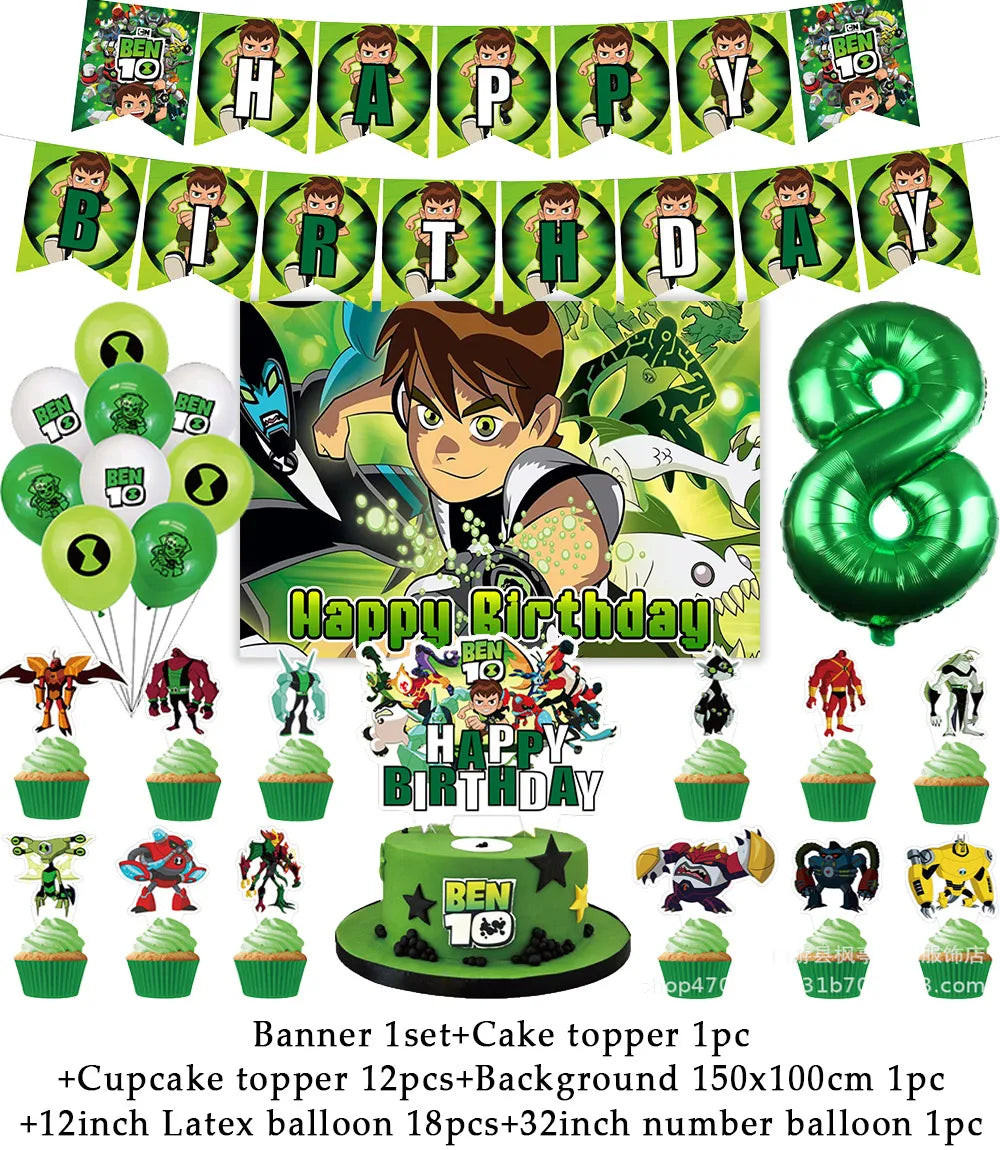 Cartoon Ben-10 Birthday Party Decoration Balloons Favor Set Banner Cake Toppers Baby Shower Boys Gift Party Supplies Photo Prop Good Vibrations