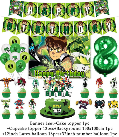 Cartoon Ben-10 Birthday Party Decoration Balloons Favor Set Banner Cake Toppers Baby Shower Boys Gift Party Supplies Photo Prop Good Vibrations