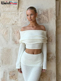 Weird Puss Elegant 2 Piece Set Women Chic Hairball Lapel Slash Neck Crop Top+Maxi Skirts Matching Autumn Trend Streetwear Suits Good Vibrations Adult Super Store