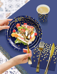 Navy Blue Gold Party Decorations Blue and Gold Disposable Tableware Set Paper Plates Cups Napkin Tablecloth Wedding Anniversary Good Vibrations