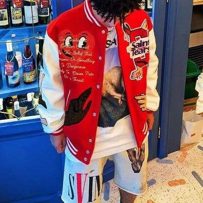 American Fashion Trendy Brand High-density Letter Cartoon Embroidered Red Baseball Uniform Clothing For Men And Women Jacket Good Vibrations