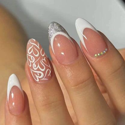 24PCS- white almond fake nails, red love pattern decoration, exquisite elegance, fashion generous, suitable for dating, dinner, Good Vibrations