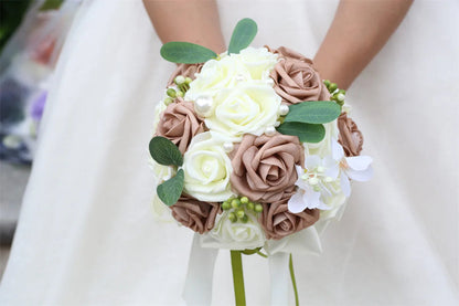 YeeNanee Wedding Gold Hoop Bouquet for Bridesmaids Floral Rose Eucalytpus Metal Ring Wreath Bridal Shower Ceremony Decoration Good Vibrations