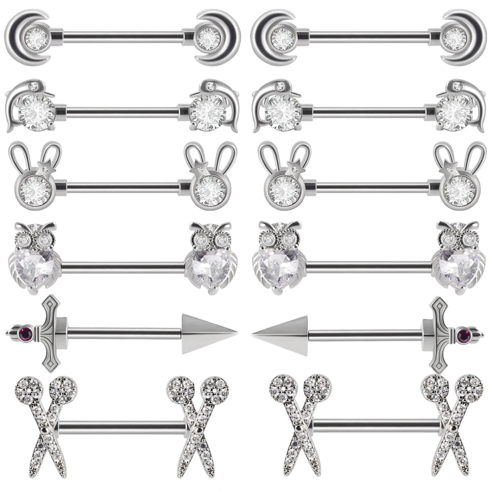 6Pairs/Lot 361L Surgical Steel Nipple Barbell Ring Moon Nipple Ring Scissors Nipple Shield 14G Tongue Piercing Body Jewelry Good Vibrations