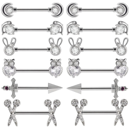 6Pairs/Lot 361L Surgical Steel Nipple Barbell Ring Moon Nipple Ring Scissors Nipple Shield 14G Tongue Piercing Body Jewelry Good Vibrations