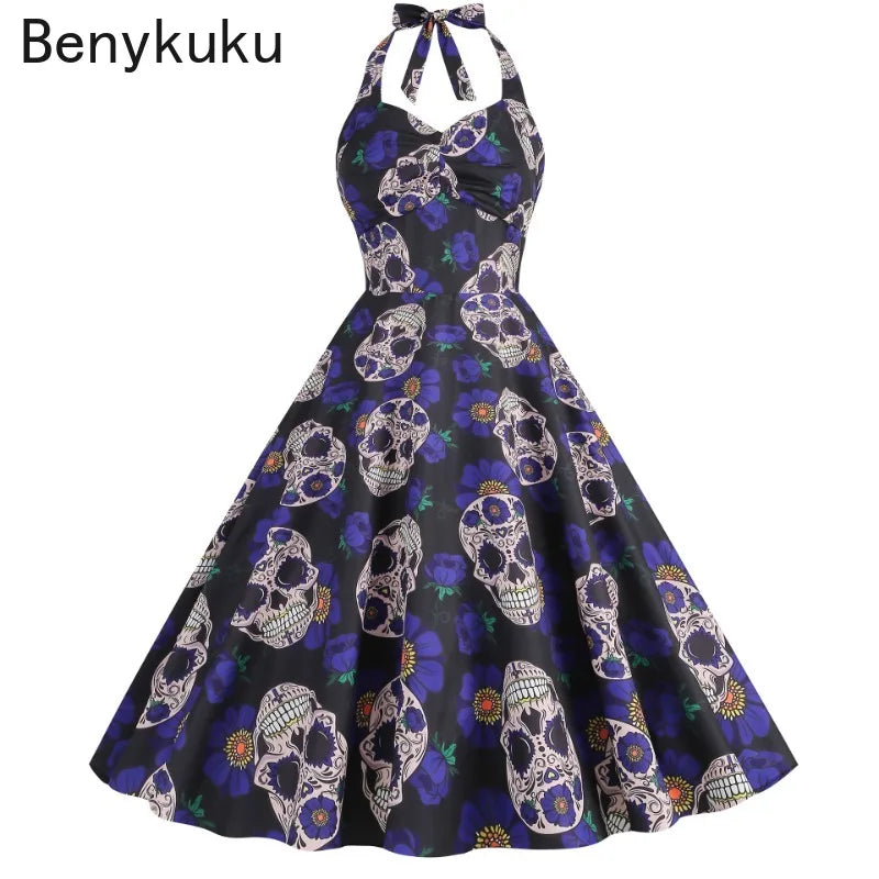 Halloween Costumes for Women Skull Print Halter Dress Sleeveless Tunic Vintage Party Dresses Goth Clothes Masquerade Vestidos Good Vibrations