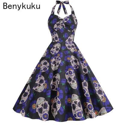 Halloween Costumes for Women Skull Print Halter Dress Sleeveless Tunic Vintage Party Dresses Goth Clothes Masquerade Vestidos Good Vibrations