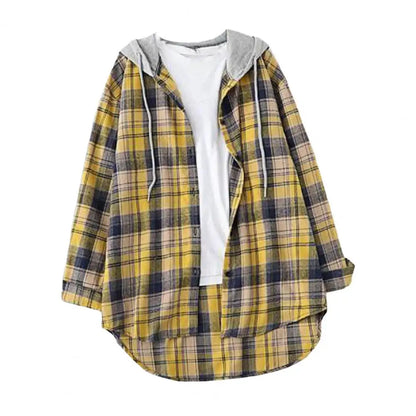 Autumn Women Shirts Hoodie Coat Plaid Print Loose Hooded Long Sleeves Drawstring Cardigan Single-breasted Buttons Spring Jacket Good Vibrations