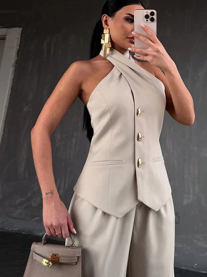 Summer Outfits for Women Halter Neck Waistcoat and High Waist Suit Pants Two Piece Set Office Wear Ladies Casual Suit Good Vibrations