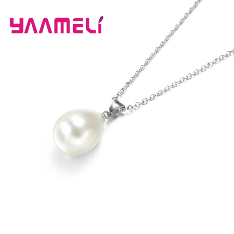 925 Sterling Silver Color Pearl Pendant Necklace Loop Hoop Earrings White Teardrop Women Girls Wedding Party Nice Gifts Good Vibrations Adult Super Store