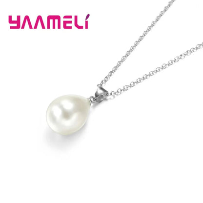 925 Sterling Silver Color Pearl Pendant Necklace Loop Hoop Earrings White Teardrop Women Girls Wedding Party Nice Gifts Good Vibrations Adult Super Store