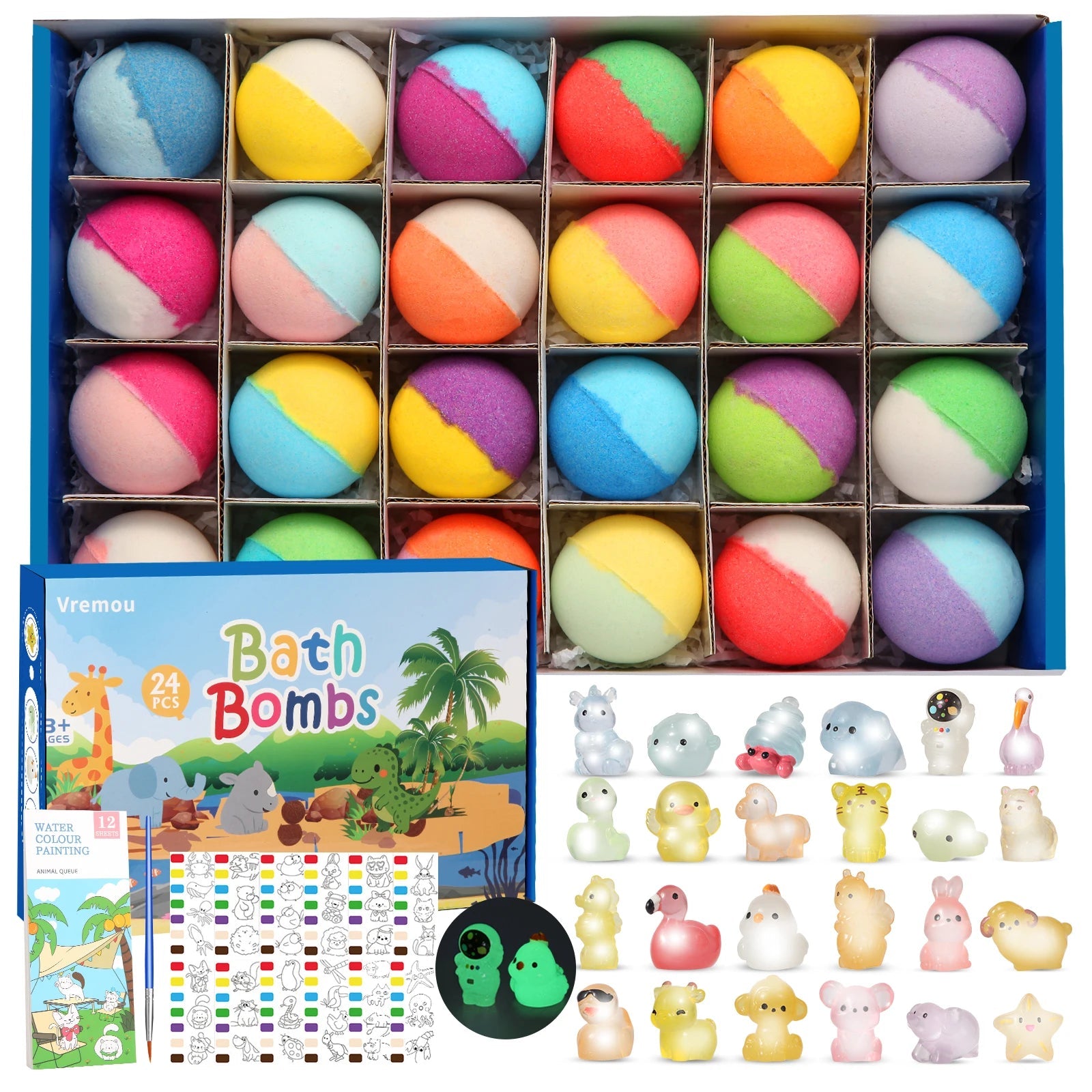 Bath Bombs for Kids with Toy Inside, 24 Pcs Natrual and Organic Bubble Bath Bombs with Glow-in-The-Dark Surprise Inside Good Vibrations