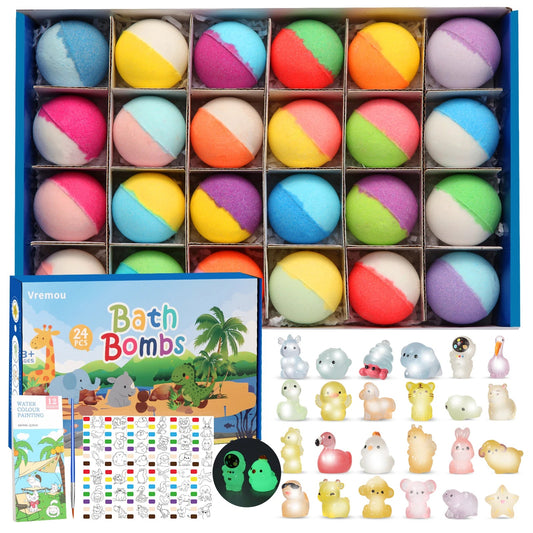 Bath Bombs for Kids with Toy Inside, 24 Pcs Natrual and Organic Bubble Bath Bombs with Glow-in-The-Dark Surprise Inside Good Vibrations