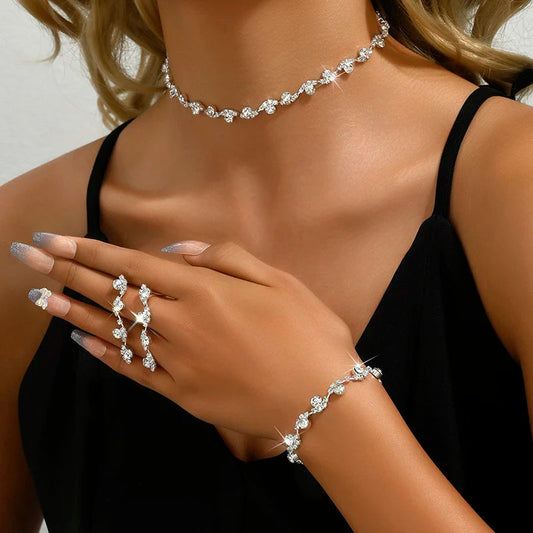 New Fashion Wedding Jewelry Sets Crystal Decoration Choker Necklace Earrings Bracelet Sets Shining Bridal Jewelry Set Good Vibrations