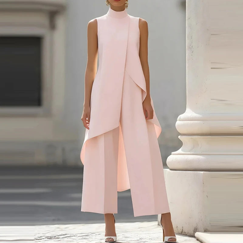 Women's Summer Office Outfits Casual Irregular Two Piece Sets Spring Elegant O Neck Sleeveless Tank Top & Wide Leg Trousers Suit Good Vibrations