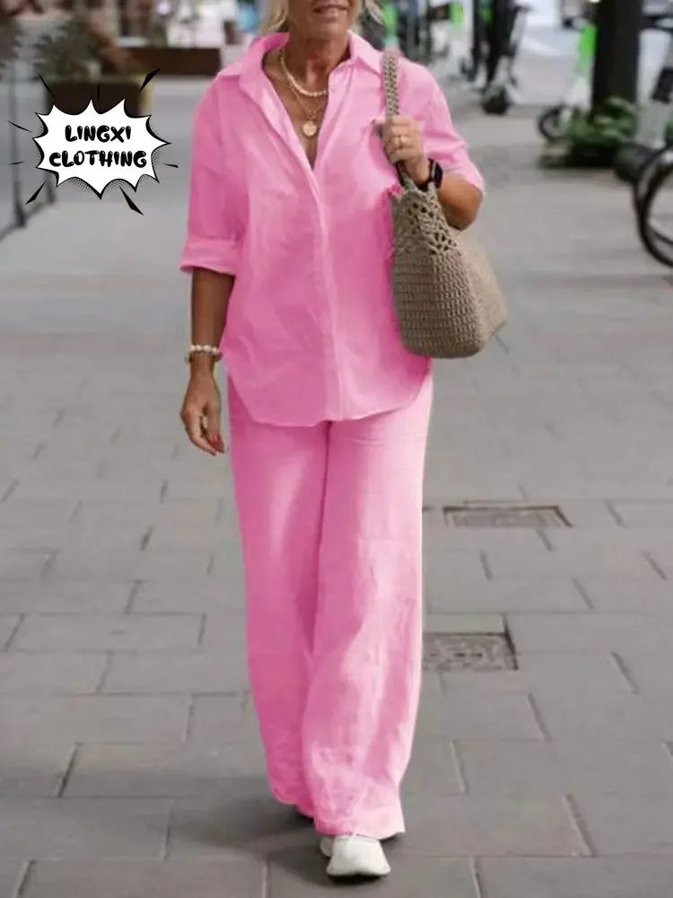 Summer Women's Two-Piece Women's 2024 New Lapel Long Sleeve Shirt Casual Solid Color Long Pants Set Two Piece Set for Women Good Vibrations